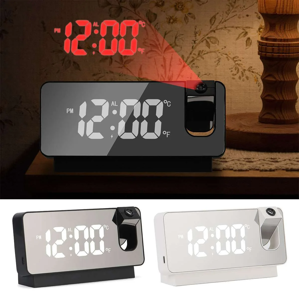 LED Digital Projector Projection Snooze Dual Alarm Clock Timer - White - Black