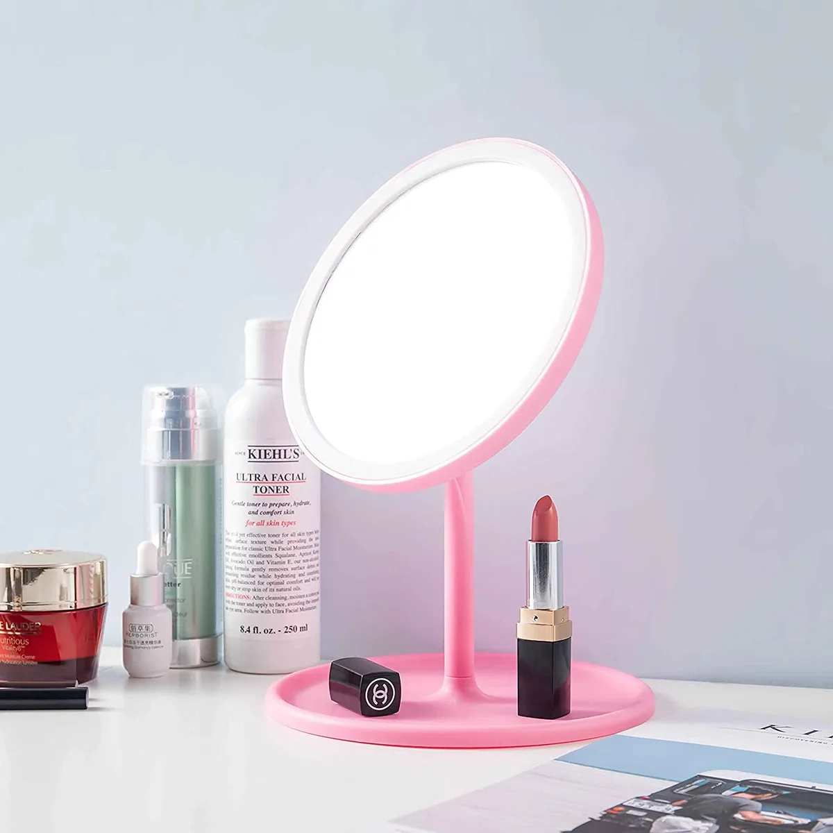 Portable Magnifying Makeup Mirror with Rechargeable LED Lights - Pink