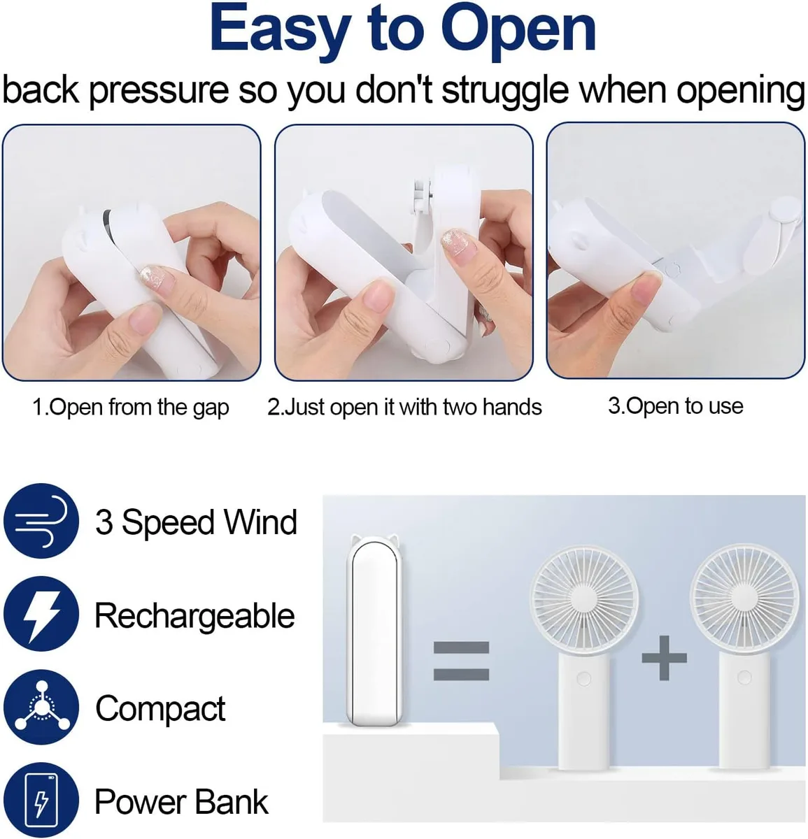 2 in 1 PowerBank Mini Handheld Fan – USB Rechargeable, Foldable & Portable Pocket Fan, Quiet Operation for Travel, Home & Outdoor - White — photo 2