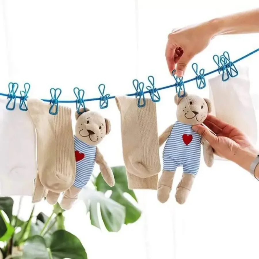 Portable Elastic Rope Clothesline Adjustable with 12pcs Clothespins Cloth Hanger - Black β photo 4