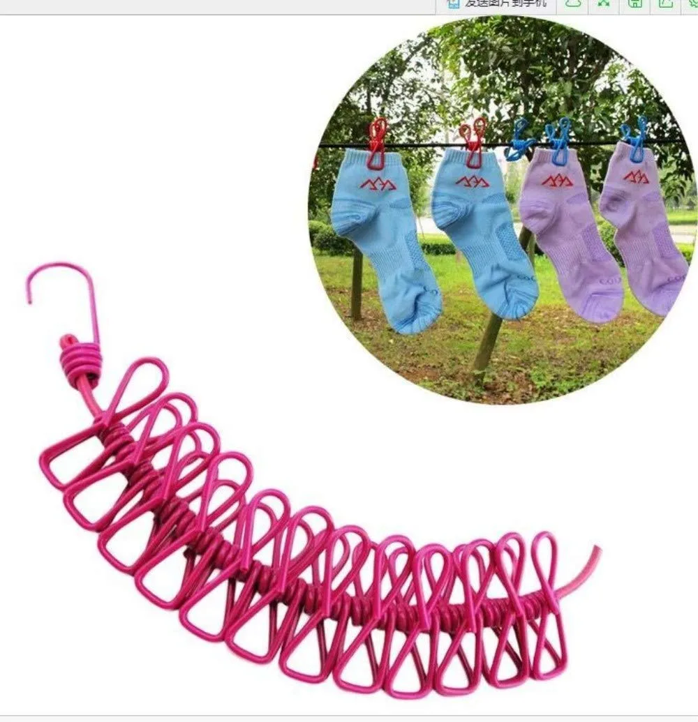 Portable Elastic Rope Clothesline Adjustable with 12pcs Clothespins Cloth Hanger - Green — photo 2