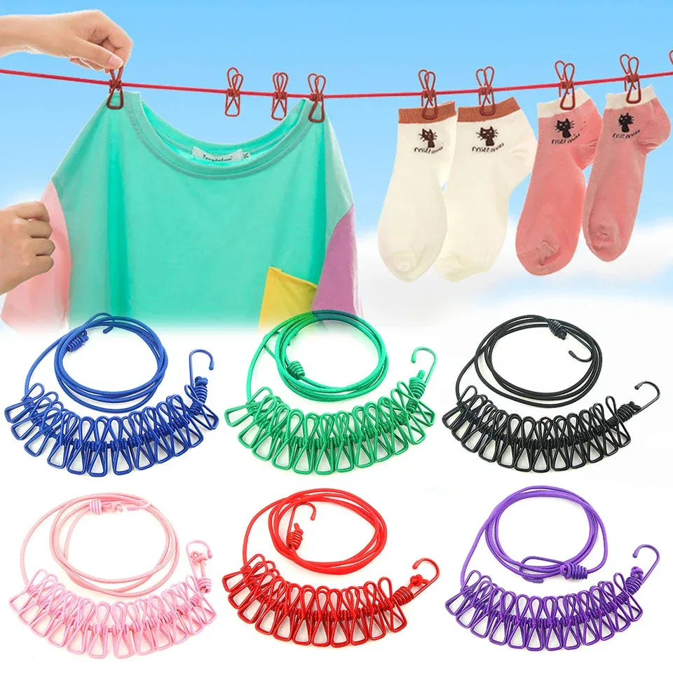 Portable Elastic Rope Clothesline Adjustable with 12pcs Clothespins Cloth Hanger - Green