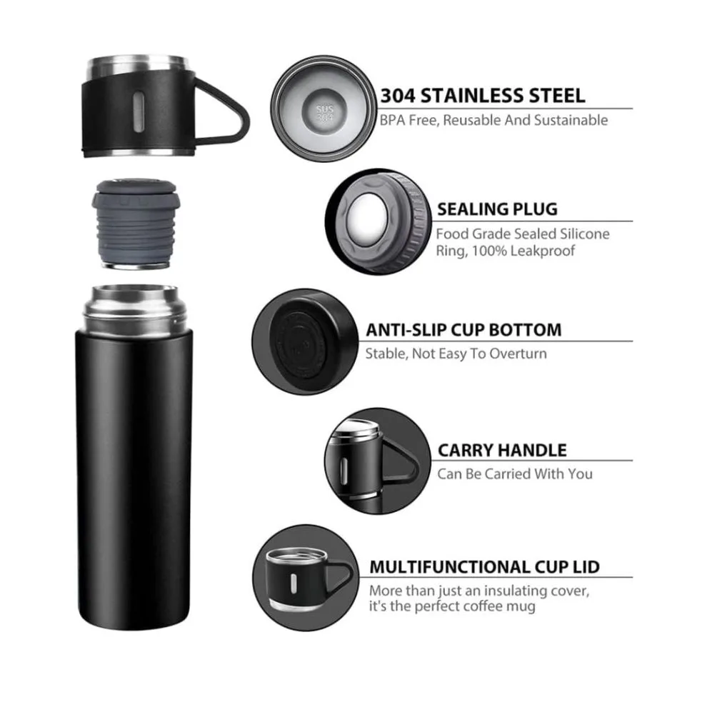 Thermos With Cups Double Wall Stainless Steel 500ml Vacuum Flask - Darkblue β photo 3