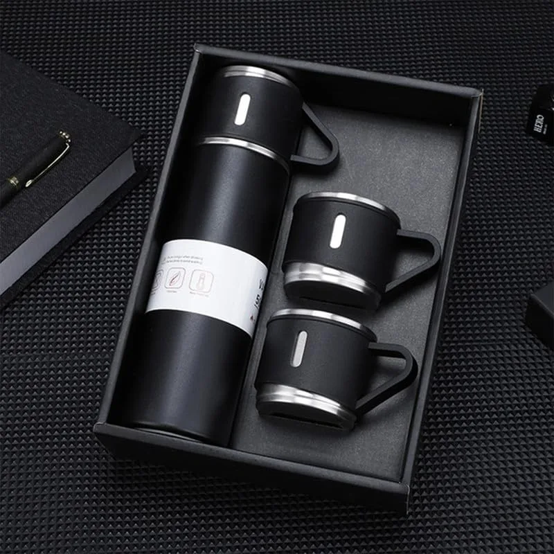 Thermos With Cups Double Wall Stainless Steel 500ml Vacuum Flask - Darkblue