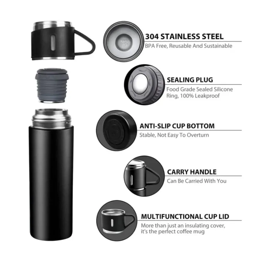Thermos With Cups Double Wall Stainless Steel 500ml Vacuum Flask - Silver β photo 3