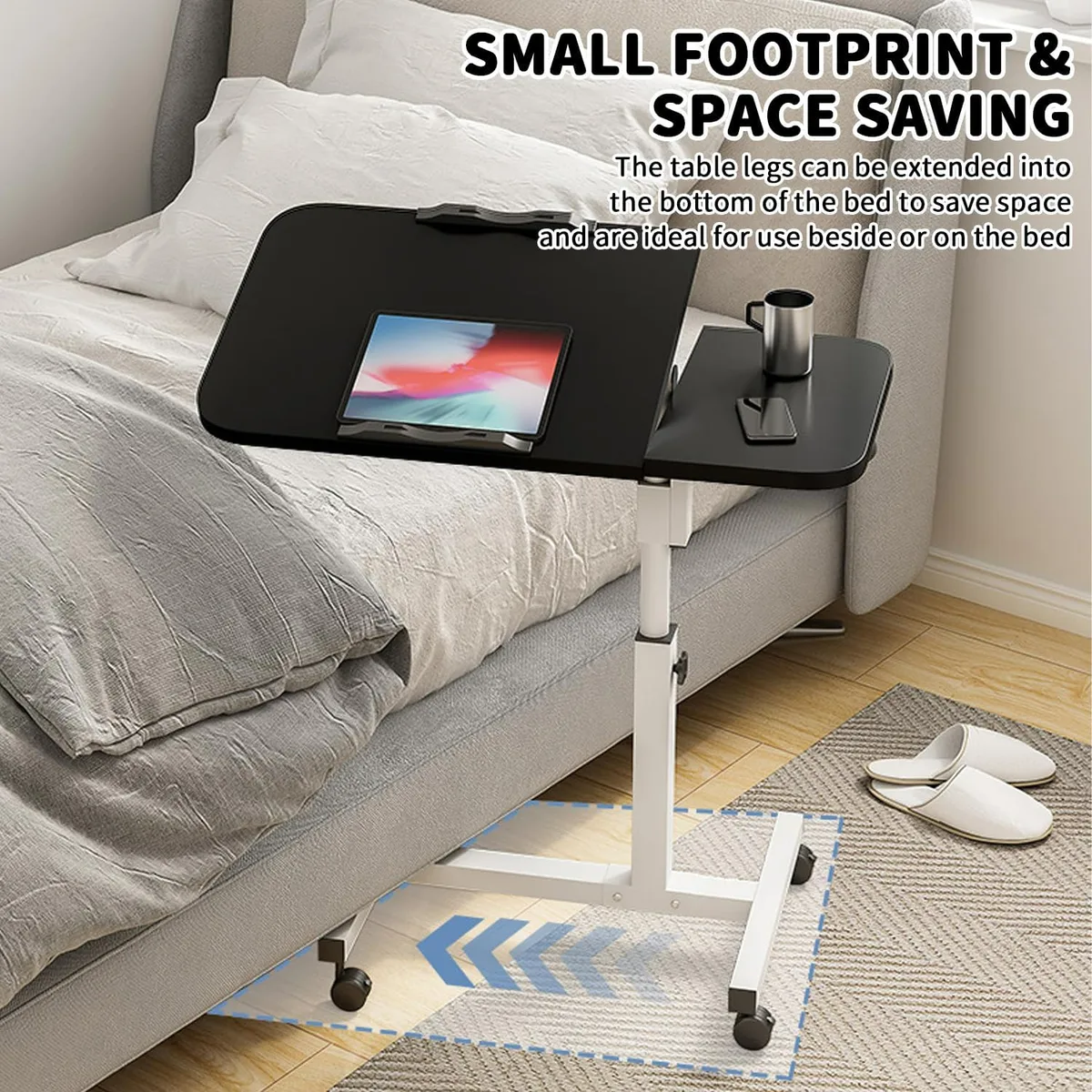 Height Adjustable Side Table with Wheels – Laptop Stand, Bed & Overbed Table for Living Room & Bedroom - White