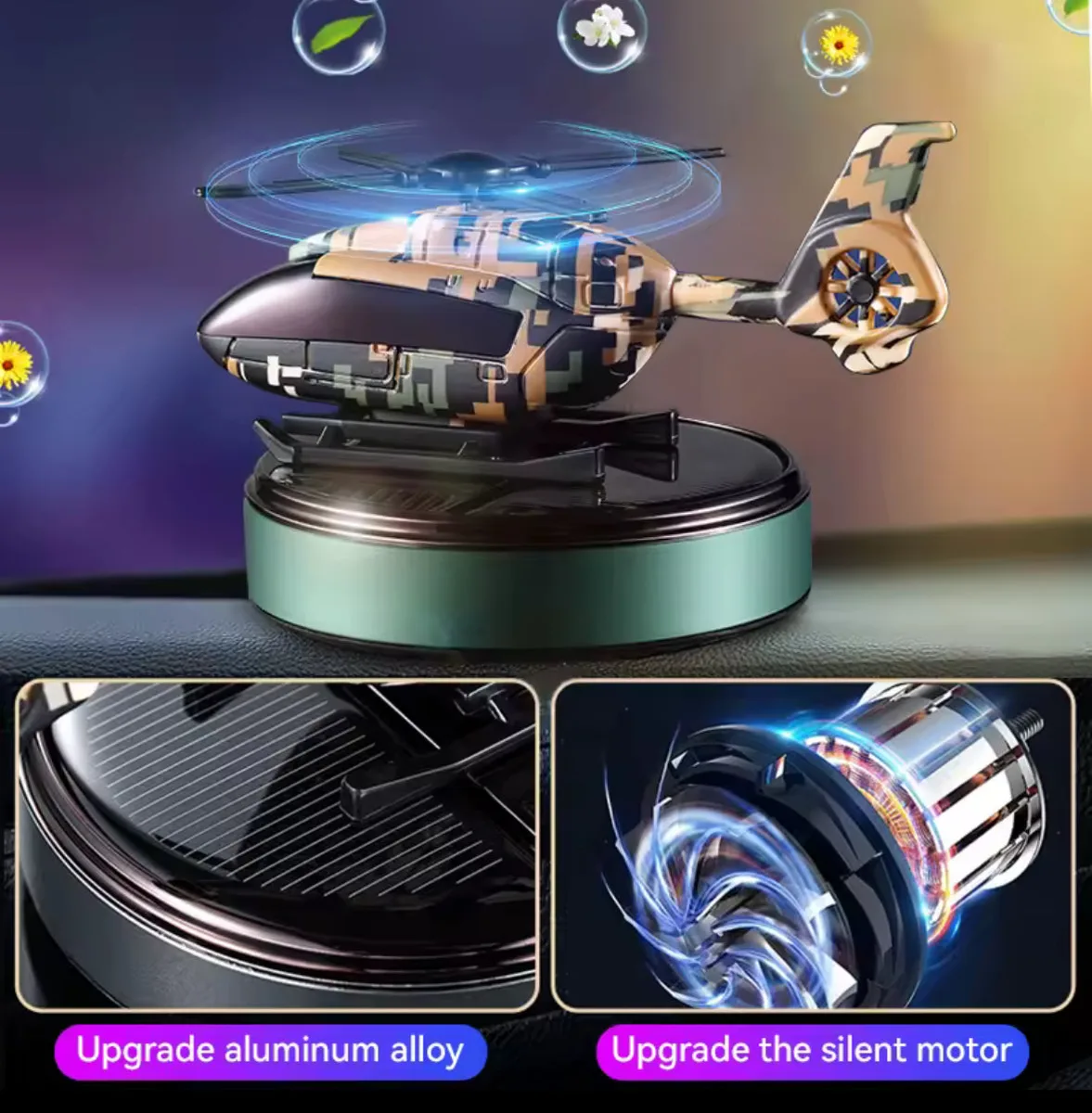 Solar Powered Helicopter Car Air Freshener Rotating Aromatherapy Diffuser for Car, Home & Office - Army β photo 10