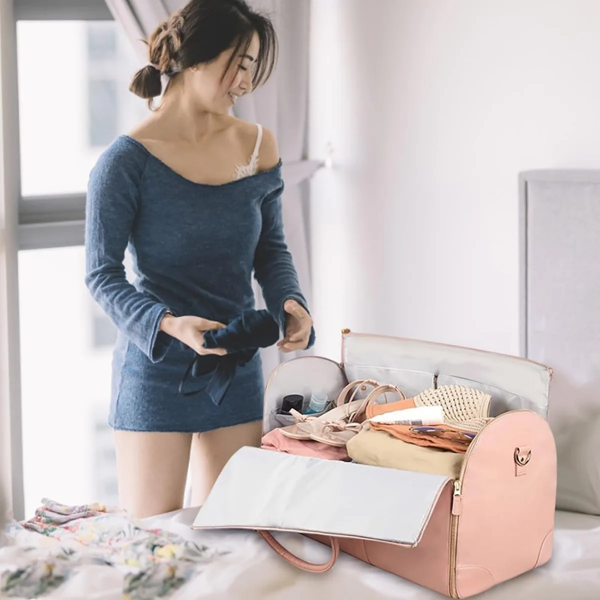 8 in 1 Travel Storage Bag Leather Travel Duffel Bag with Shoulder Strap - Pink β photo 4