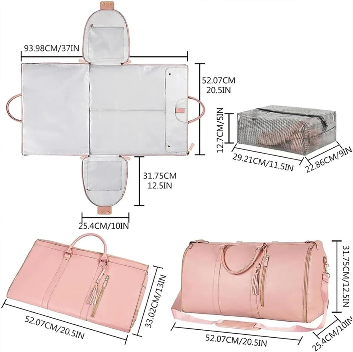 8 in 1 Travel Storage Bag Leather Travel Duffel Bag with Shoulder Strap - Pink β photo 8