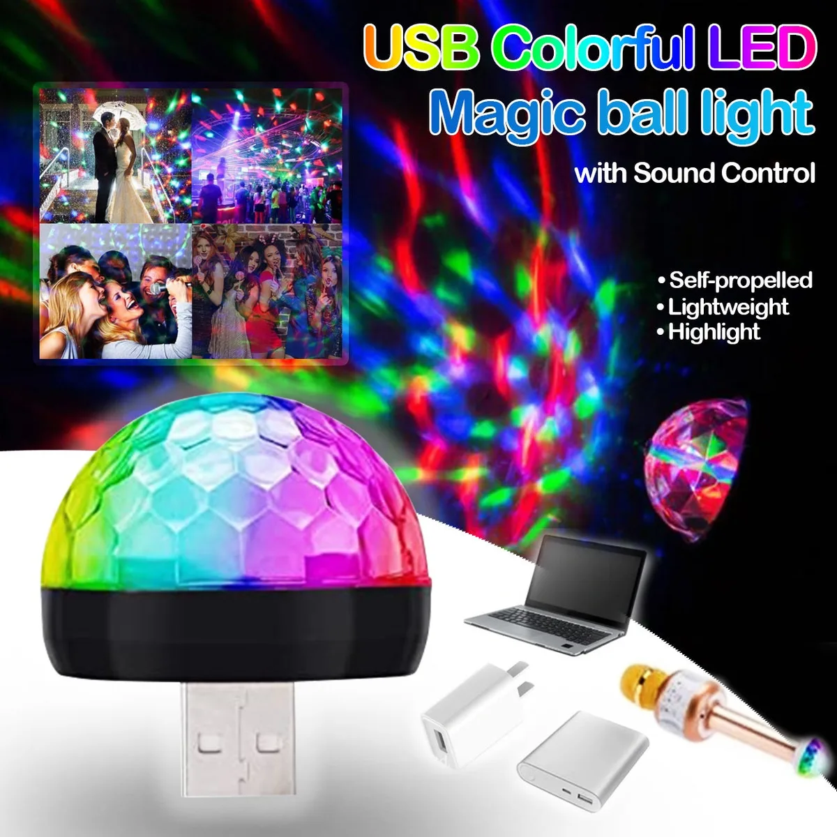 Car LED Light Small Magic Ball Lamp Crystal RGB LED 4W Sound Control Disco Party Music for Android - Without Music Control — photo 2