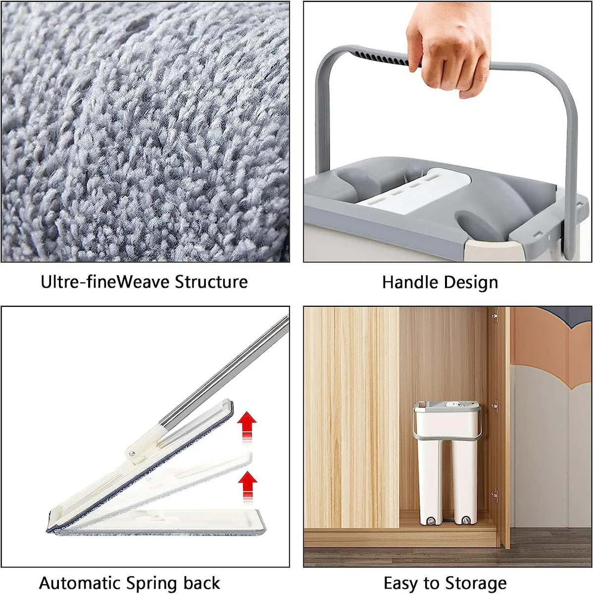 Household Cleaning Tool Wet Dry Hand-Free Mop Bucket Set With Plastic Basket Cloth Material - White Beige — photo 3