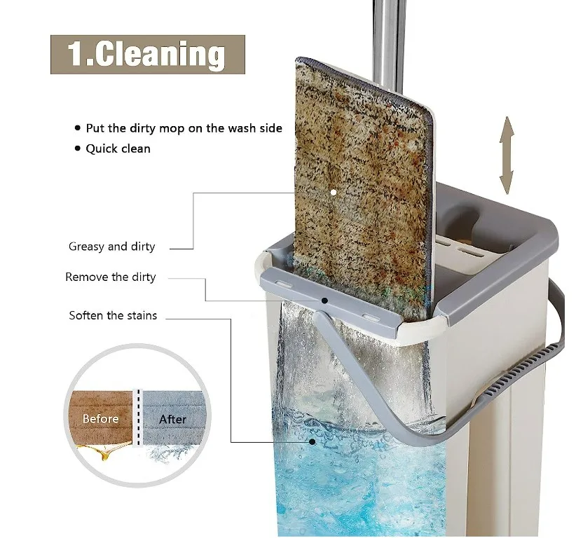 Household Cleaning Tool Wet Dry Hand-Free Mop Bucket Set With Plastic Basket Cloth Material - White Beige — photo 6