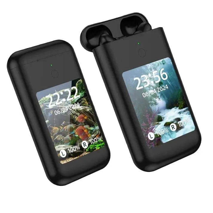 TWS Earphones with 2.8 inch HD Touch Screen With Power Bank pods - white