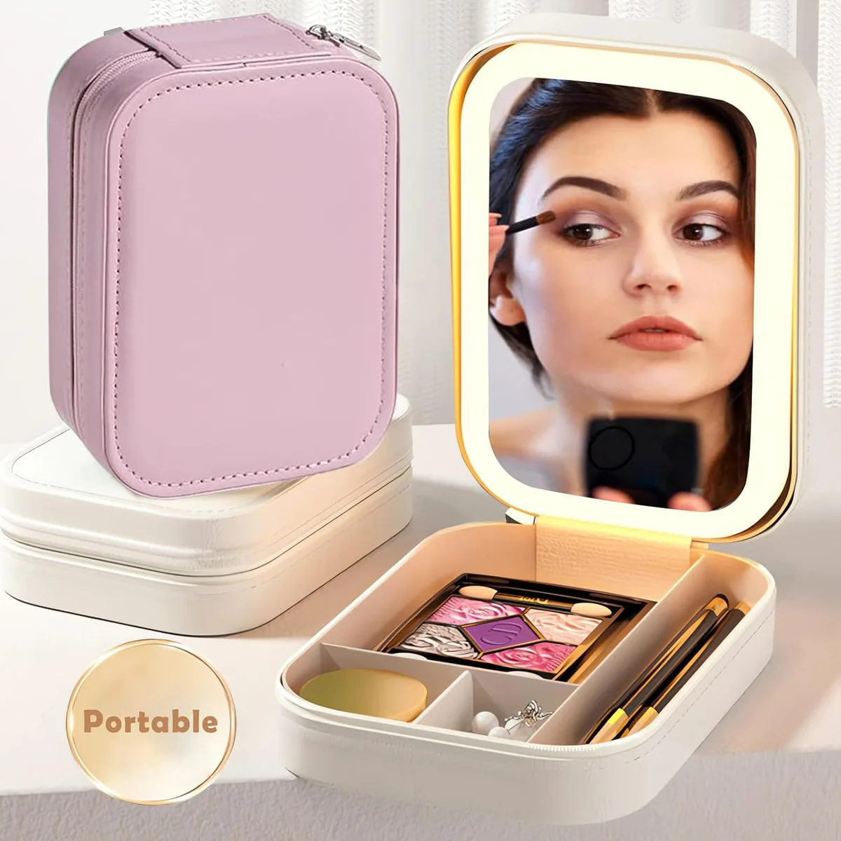 Travel Size LED Mirror & Beauty Makeup organiser Case - Pink β photo 6