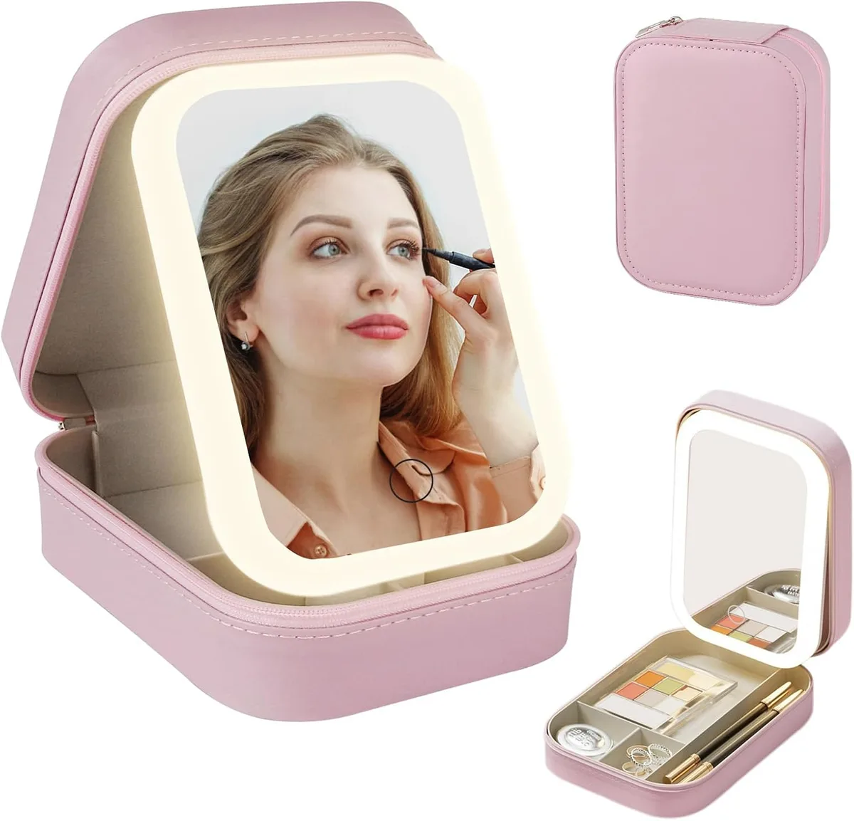 Travel Size LED Mirror & Beauty Makeup organiser Case - Pink