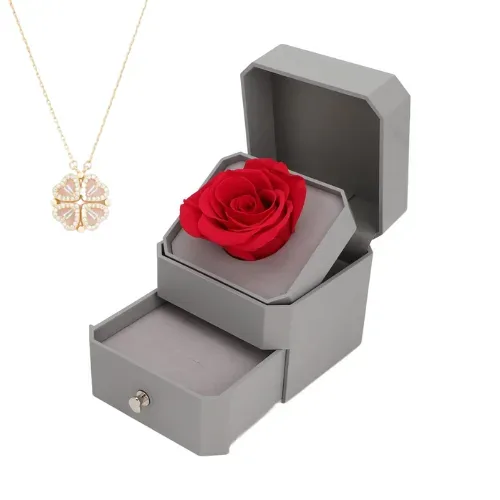 Luxurious Jewelry Box With Eternal Flower Rose + Magnetic Four Heart Necklace - Dark Blue — photo 4