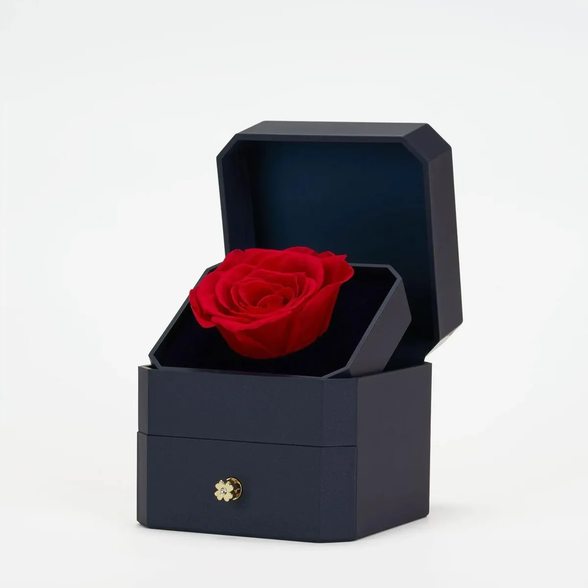 Luxurious Jewelry Box With Eternal Flower Rose + Magnetic Four Heart Necklace - Dark Blue