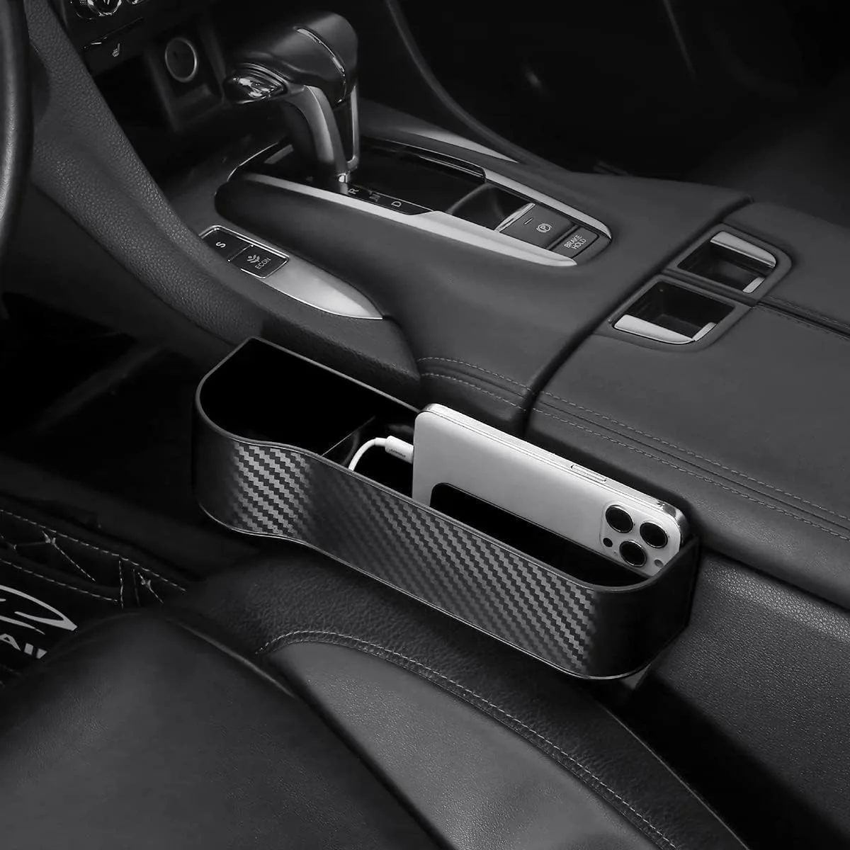 Carbon Fiber Car Seat Organiser with Cup Holder - Brown carbon fiber / Right side — photo 3