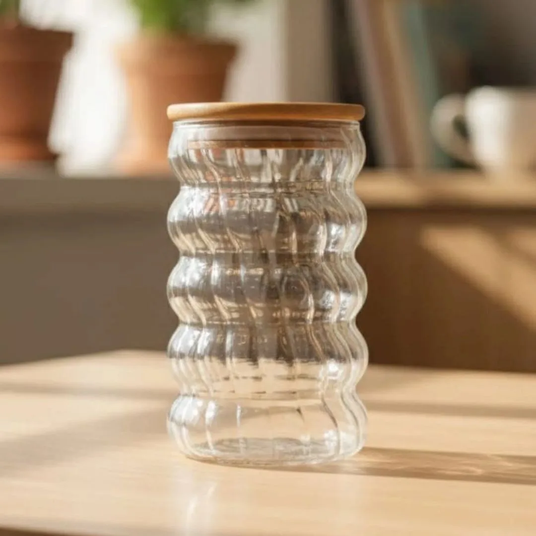 16 oz glass cup comes with bamboo lid and reusable glass straw - Style WAVY