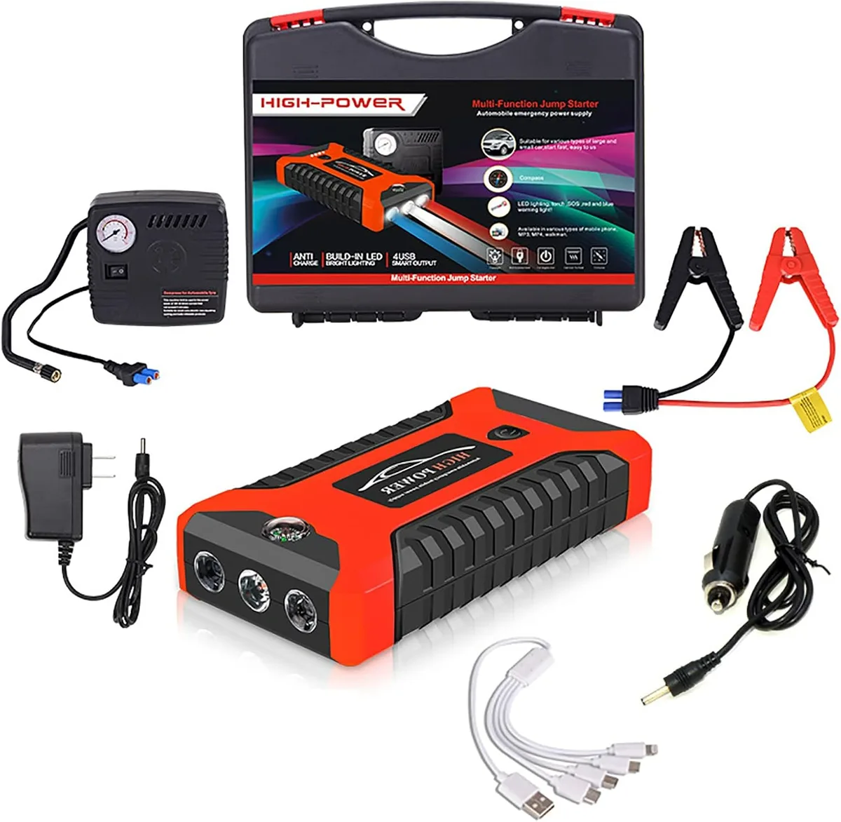 Portable Car Jump Starter Power Bank, Battery Booster Charger, Starting Device, Auto Emergency, Lighting Start-up, 12V - Jump starter + tire inflator