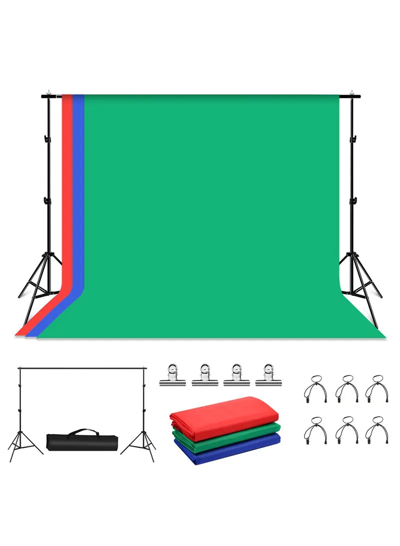 2x2.9m Photo Studio Background Support Stand Kit with Crossbar & Red, Blue, Green Backdrops