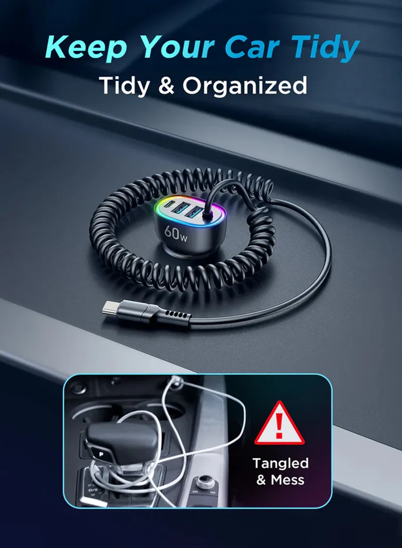 4 In 1 60W Fast Car Charger With Coiled Type-C Cable β photo 4