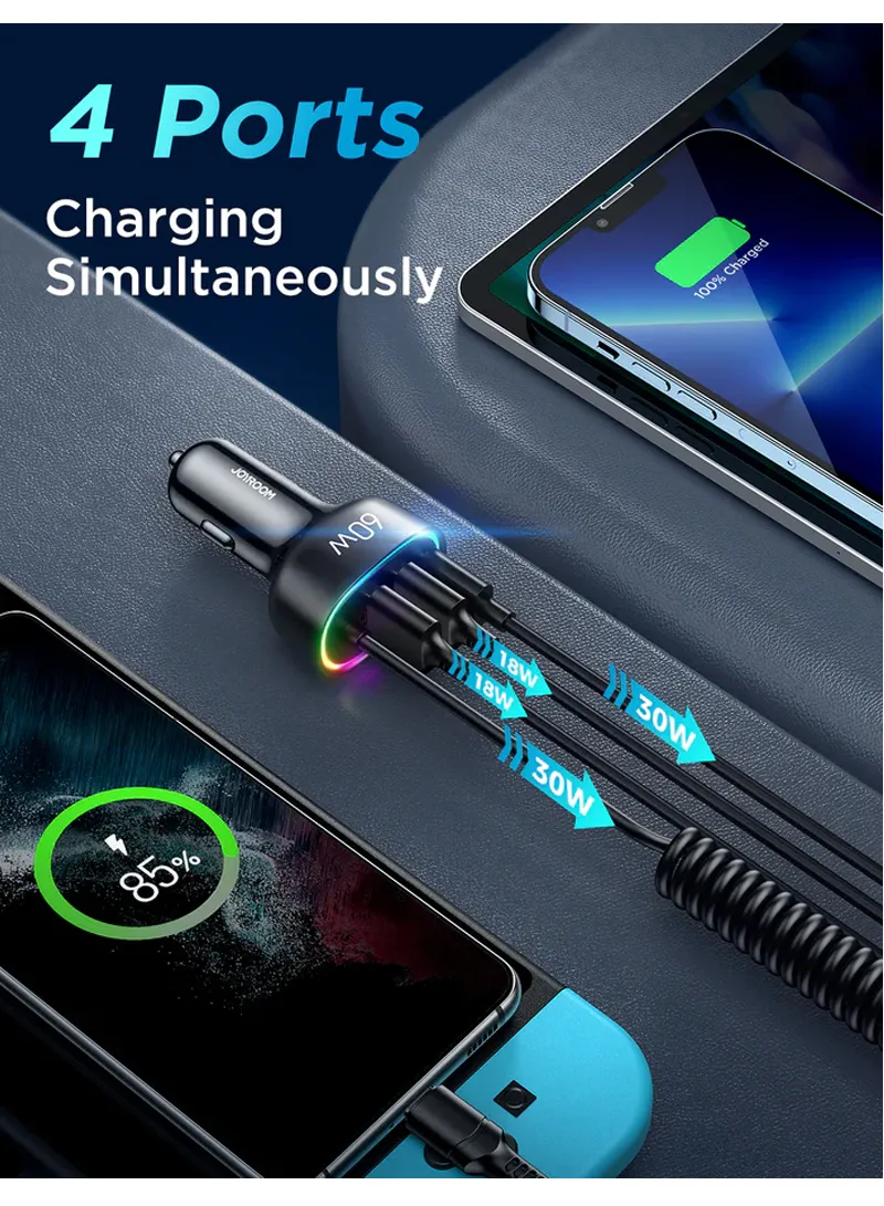 4 In 1 60W Fast Car Charger With Coiled Type-C Cable β photo 5
