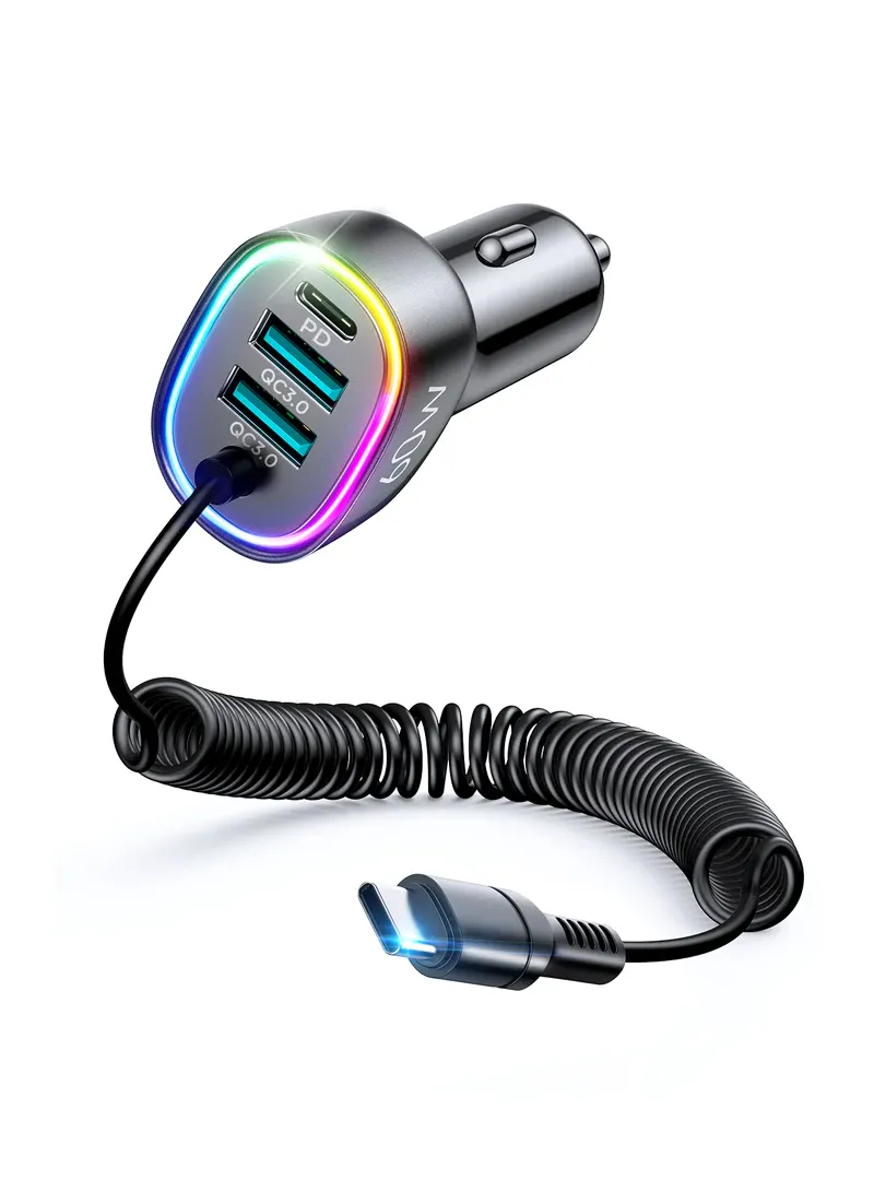 4 In 1 60W Fast Car Charger With Coiled Type-C Cable