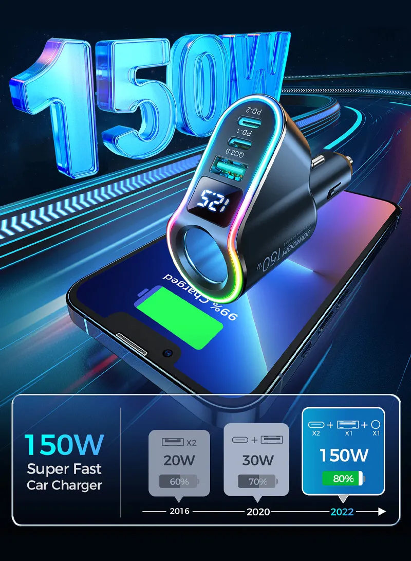 4 In 1 LED Digital Display Fast Car Charger With Cigarette Lighter — photo 4