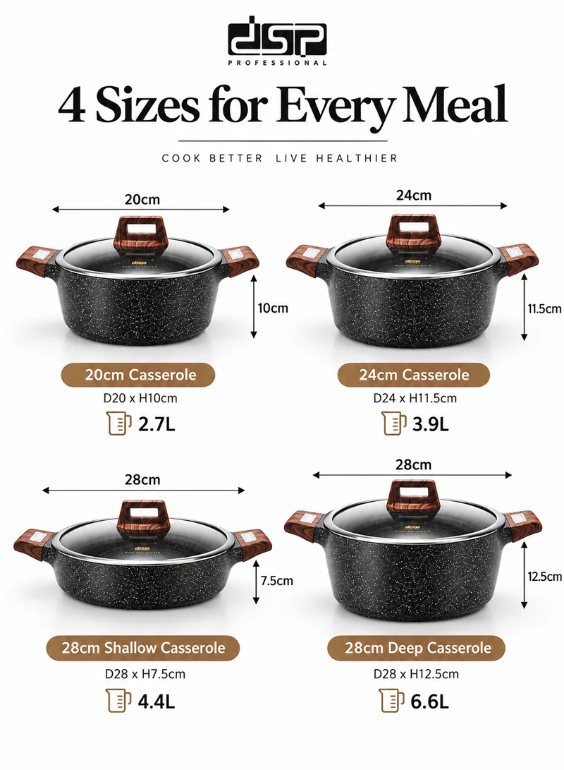 7 Pcs 20/24/28/28cm Casserole Non-Stick Die-Casting Set with 3 Lids - Black β photo 2