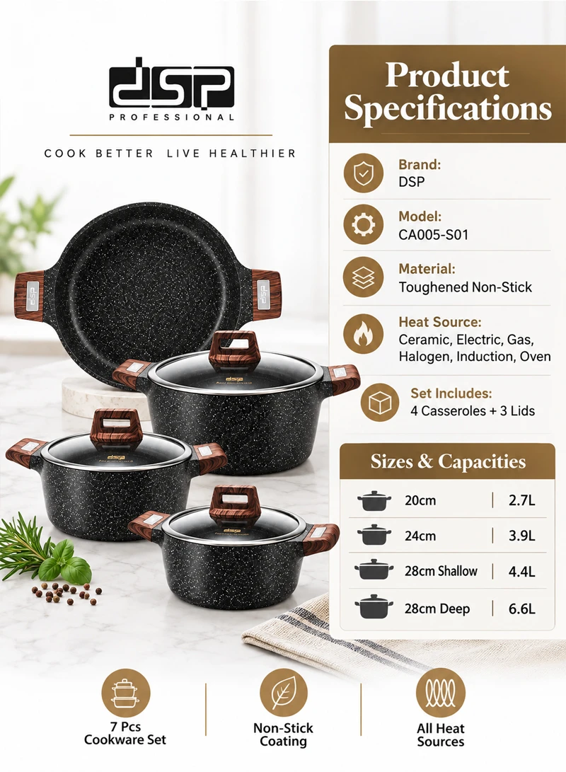7 Pcs 20/24/28/28cm Casserole Non-Stick Die-Casting Set with 3 Lids - Black β photo 6