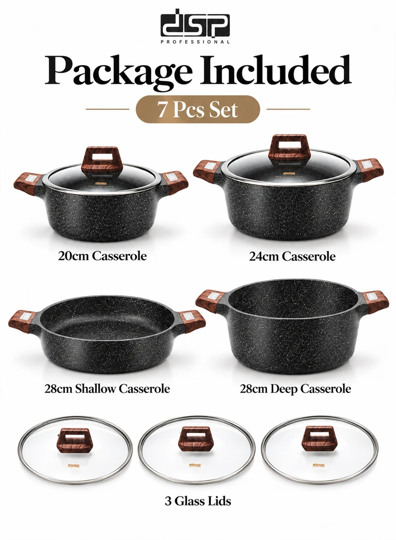 7 Pcs 20/24/28/28cm Casserole Non-Stick Die-Casting Set with 3 Lids - Black — photo 7