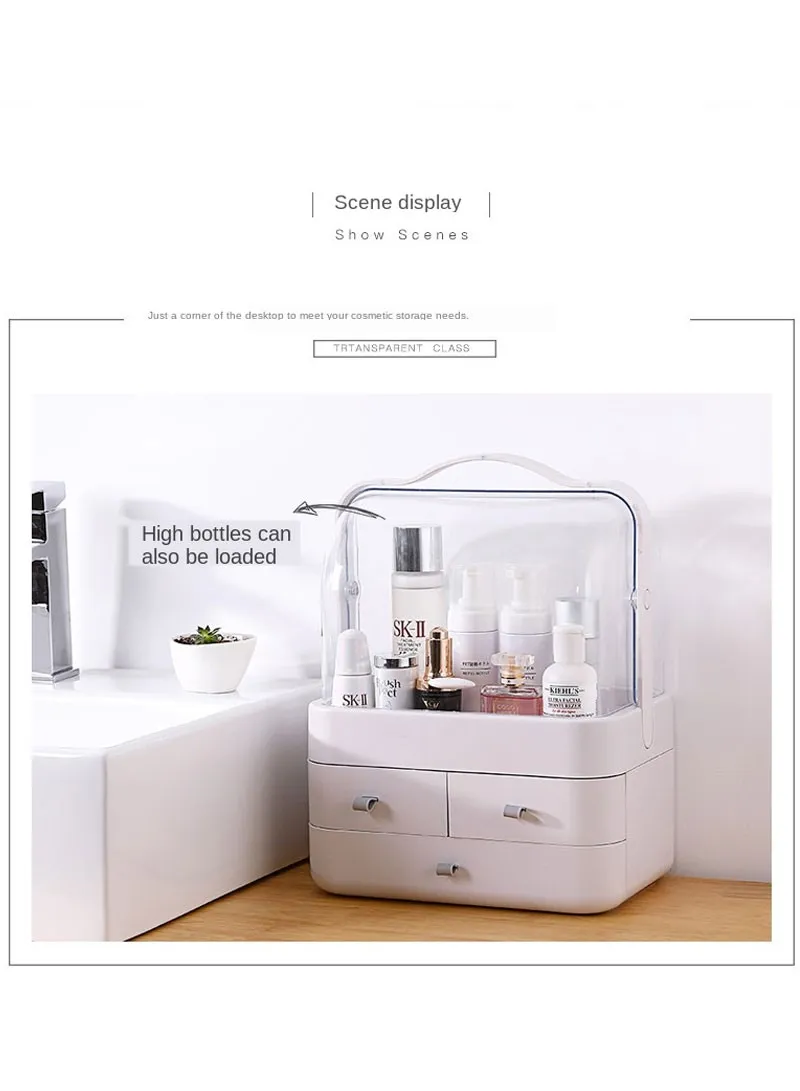 Multi-Use 3-Drawers Cosmetics Storage Organizer with Transparent Top Cover - White β photo 3