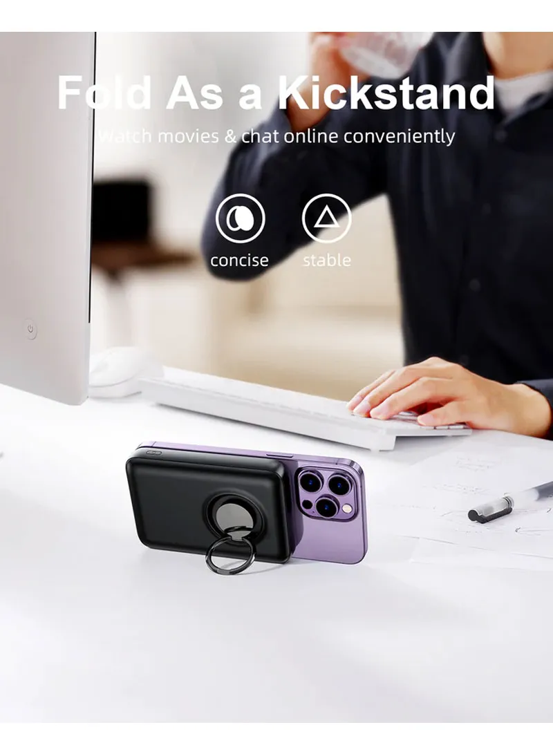 20W 10000mAh Magnetic Wireless Power Bank with Ring Holder - Black β photo 4