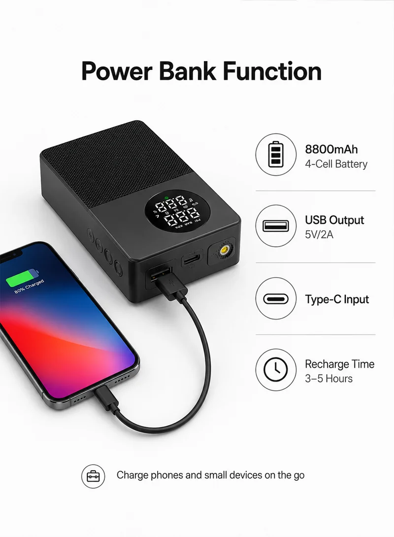60W 8800mAh 35C Car Jump Starter Air Pump Inflator Emergency Battery Power Bank LED Light Smart — photo 4