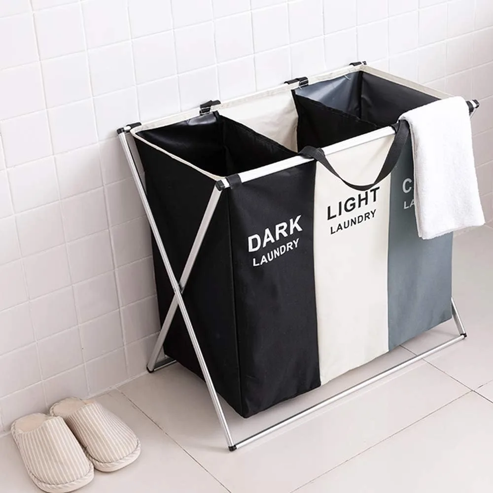 3 Section Laundry Basket Printed Dark Light Color, Foldable Hamper/Sorter with Waterproof Oxford Bags and Aluminum Frame β photo 2