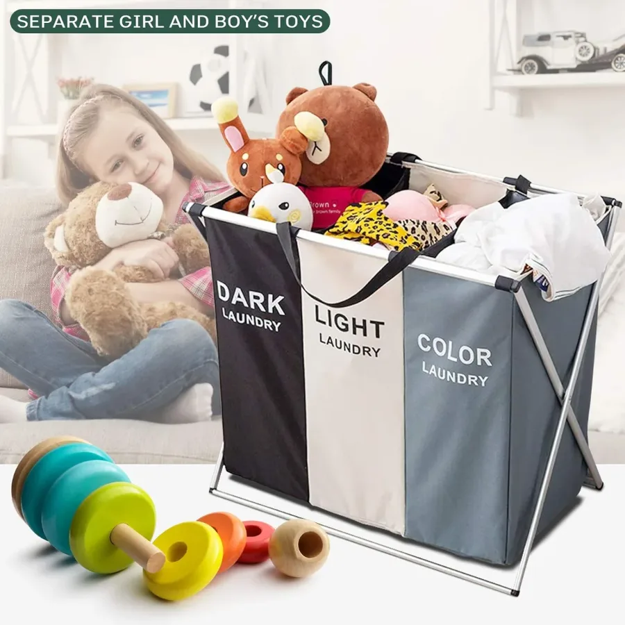 3 Section Laundry Basket Printed Dark Light Color, Foldable Hamper/Sorter with Waterproof Oxford Bags and Aluminum Frame β photo 4
