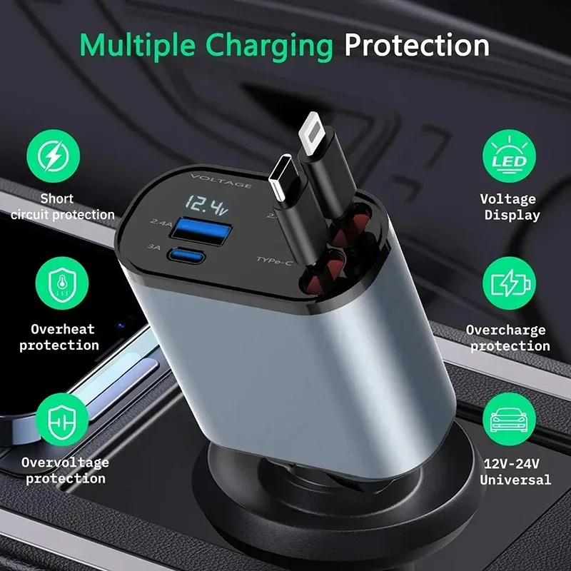 4 in 1 Car Charger 120W Turbo Charge, 4 Ports Fast Charging with Retractable Cables — photo 5