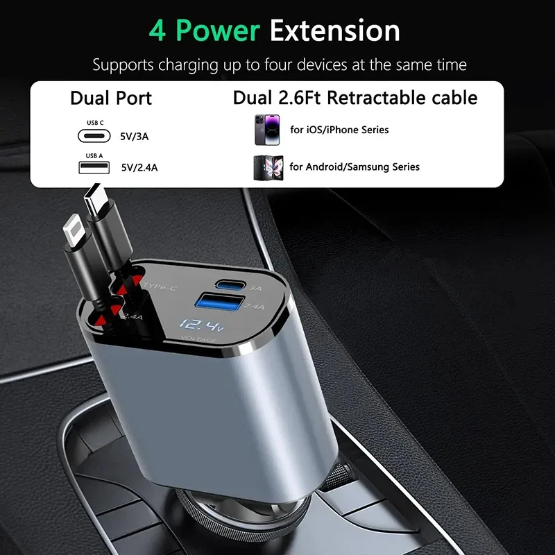 4 in 1 Car Charger 120W Turbo Charge, 4 Ports Fast Charging with Retractable Cables — photo 7
