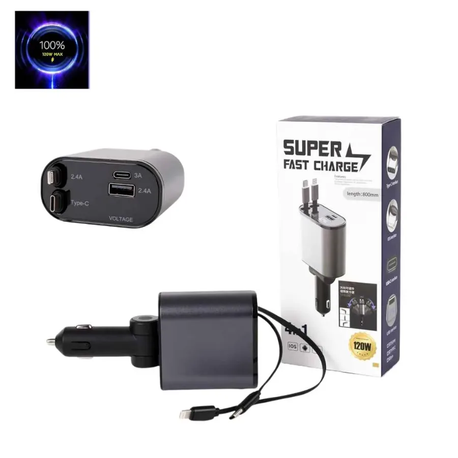 4 in 1 Car Charger 120W Turbo Charge, 4 Ports Fast Charging with Retractable Cables β photo 9