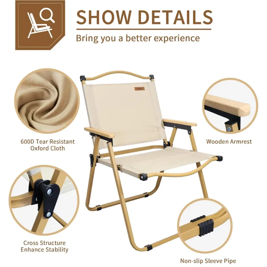Folding Chair Camping Chairs for Adults Wood Armrest Black β photo 3