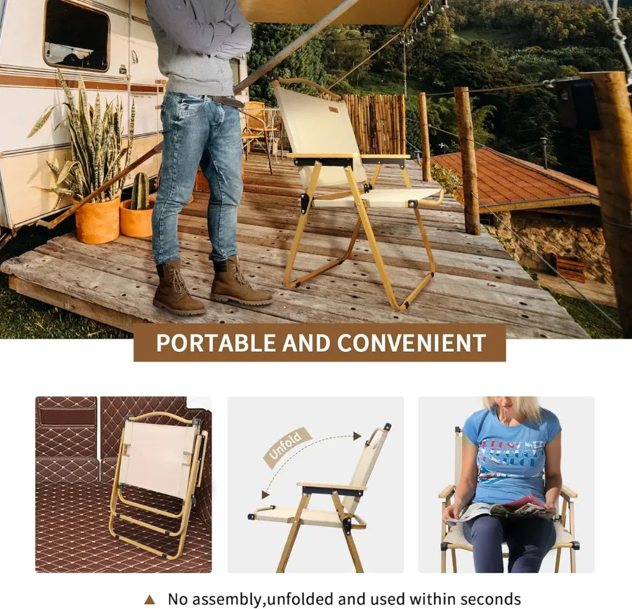 Folding Chair Camping Chairs for Adults Wood Armrest Black — photo 4