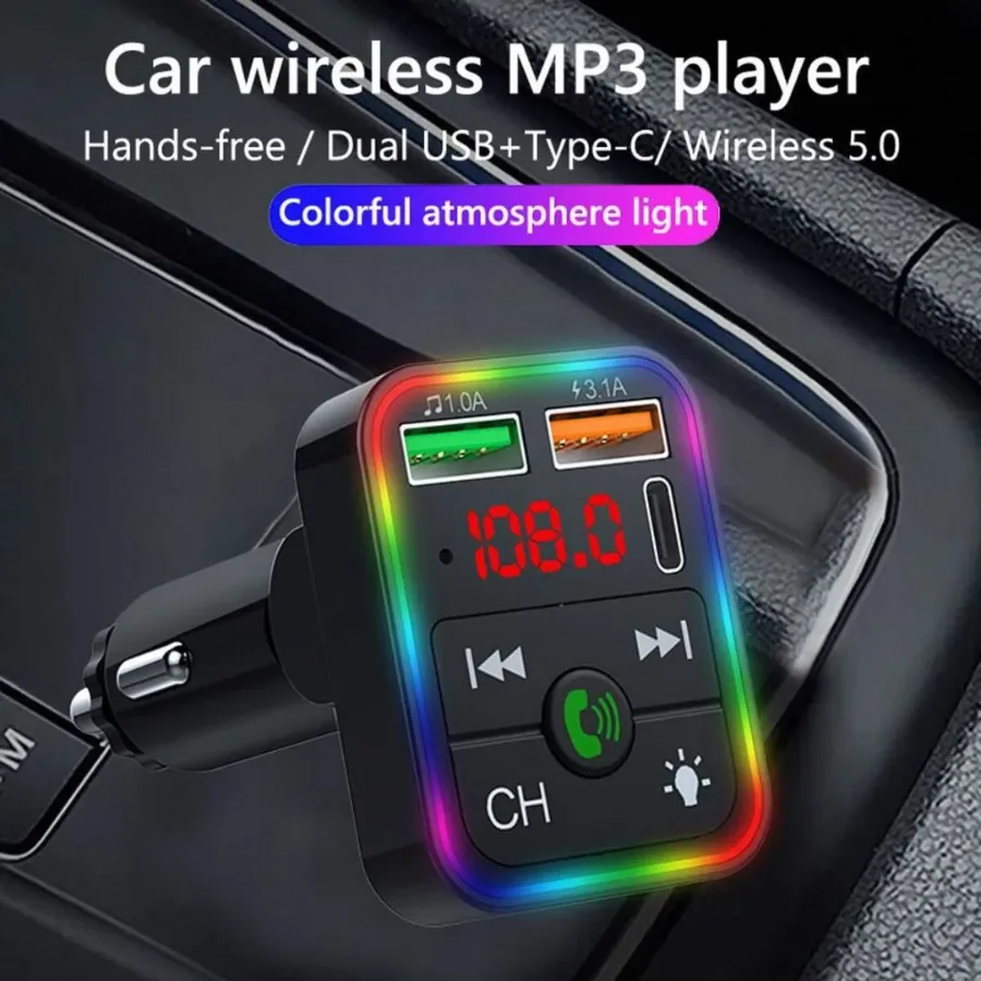 Bleutooth FM Transmitter F2 , MP3 Player with USB Flash Drive, Multi-Color Ambient Lighting, Dual USB 3.1 Type-C Fast Charger, and FM X8 — photo 2