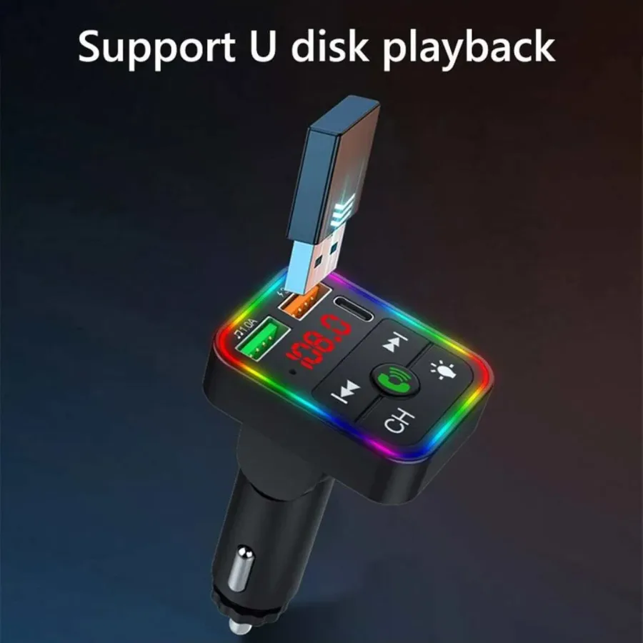 Bleutooth FM Transmitter F2 , MP3 Player with USB Flash Drive, Multi-Color Ambient Lighting, Dual USB 3.1 Type-C Fast Charger, and FM X8 — photo 6