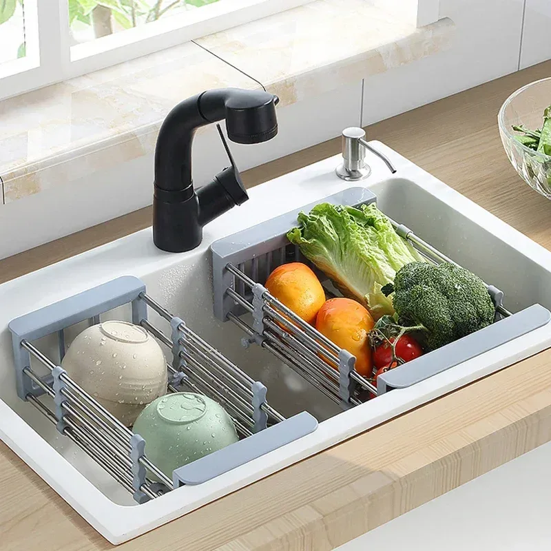 Stainless Steel Expandable Vegetable Basin with Drain Basket Drain Rack 1pc — photo 2