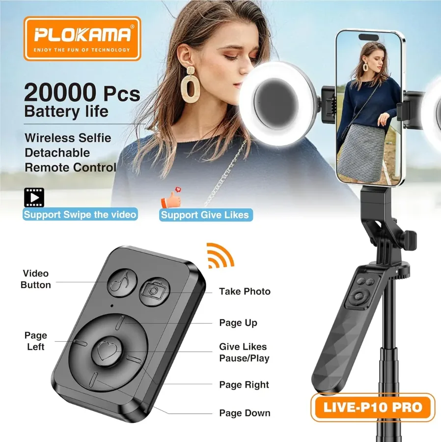 Plokama 3 IN 1 Selfie Stick Tripod with LED Light & Remote Live-P10 Pro β photo 2