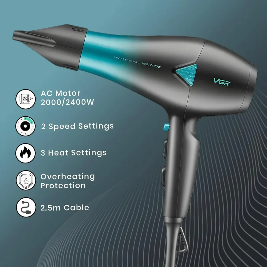 VGR V455 Professional Hair Dryer for both men and women, Independent Cool Shot, 3 Heat and 2 Speed Settings, Detachable Rear Cover β photo 2