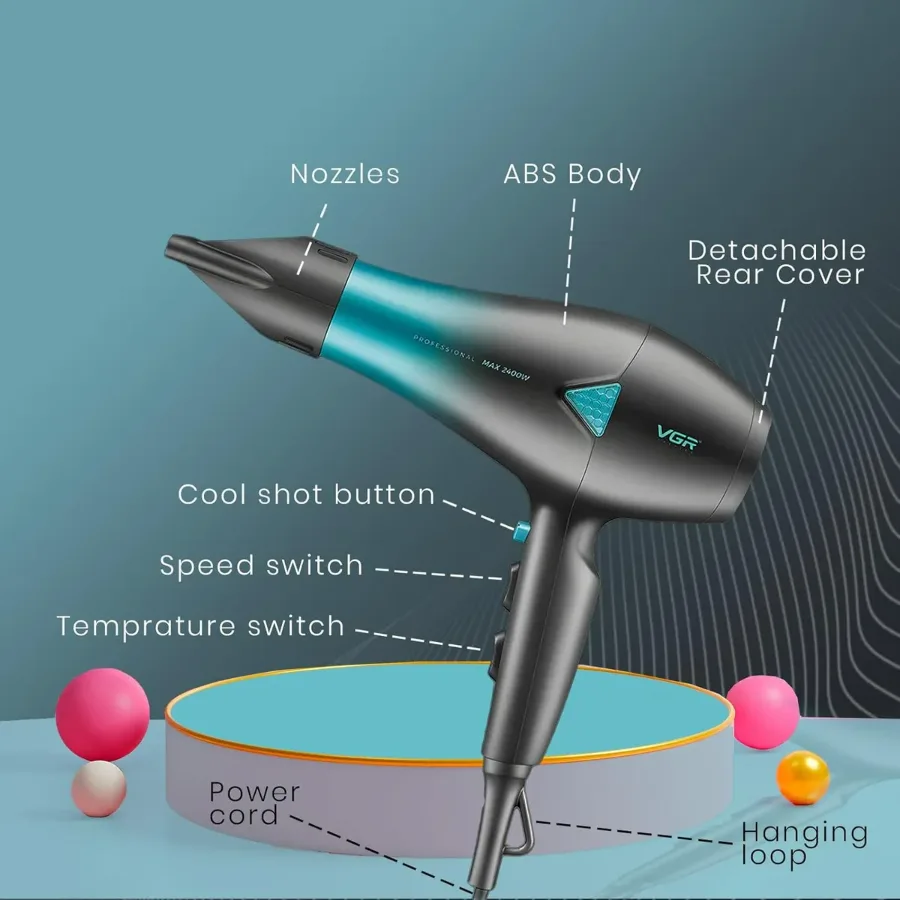 VGR V455 Professional Hair Dryer for both men and women, Independent Cool Shot, 3 Heat and 2 Speed Settings, Detachable Rear Cover — photo 4