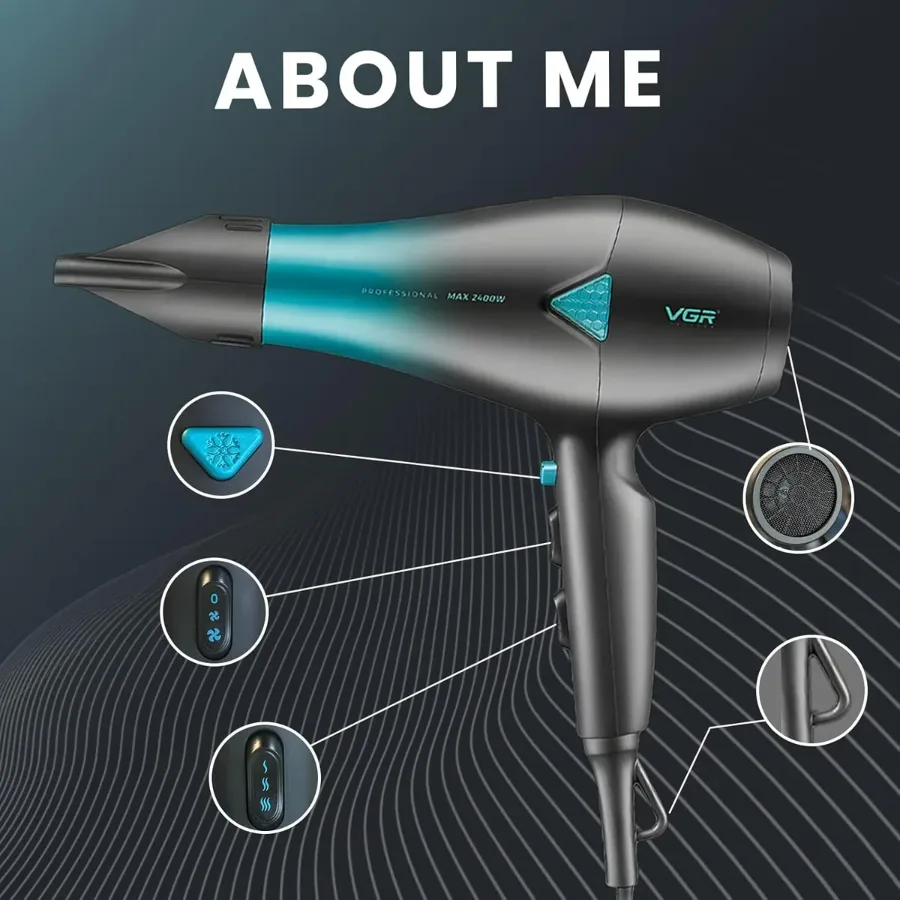 VGR V455 Professional Hair Dryer for both men and women, Independent Cool Shot, 3 Heat and 2 Speed Settings, Detachable Rear Cover — photo 5