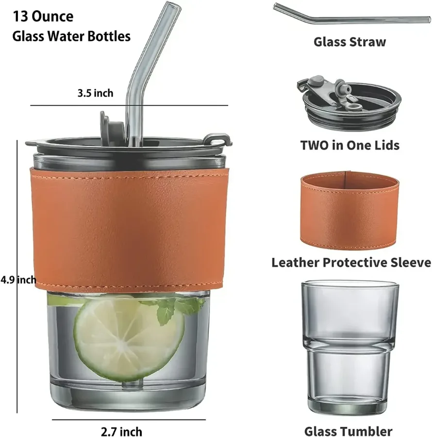 Coffee Mug Glass Tumbler With Silicone Straw and Lid 360 ml, Cup With Leather Sleeve — photo 3